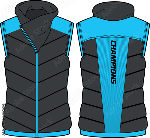 Womens Quilted Puffer gilet jacket design flat sketch Illustration, Sleeveless Down puffa Padded jacket with front and back view, Soft shell winter jacket for girls and ladies for outerwear in winter