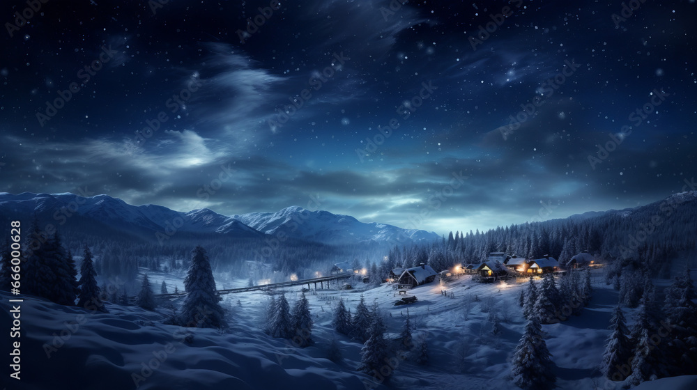 Winter mountain landscape at night with moon - obrazy, fototapety, plakaty 