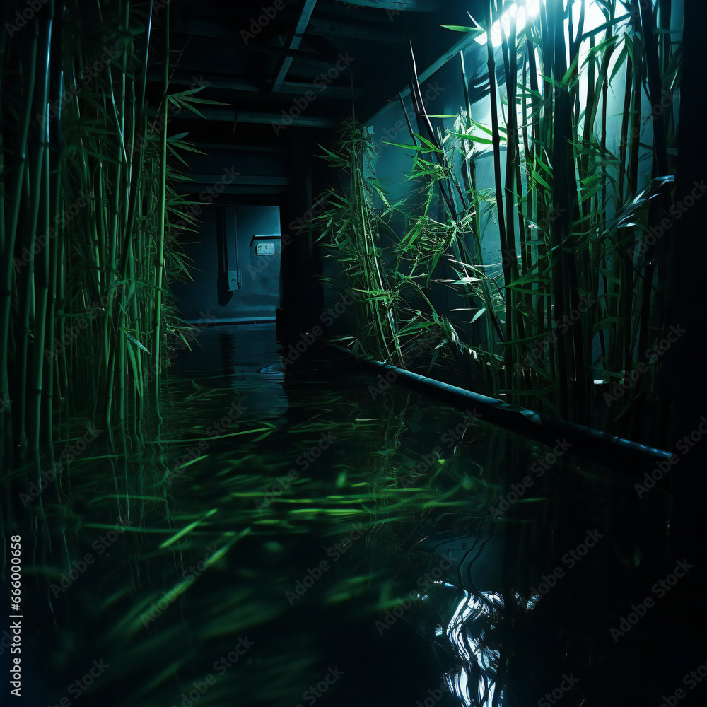 Dark corridor with green bamboo plants and reflections in water at night