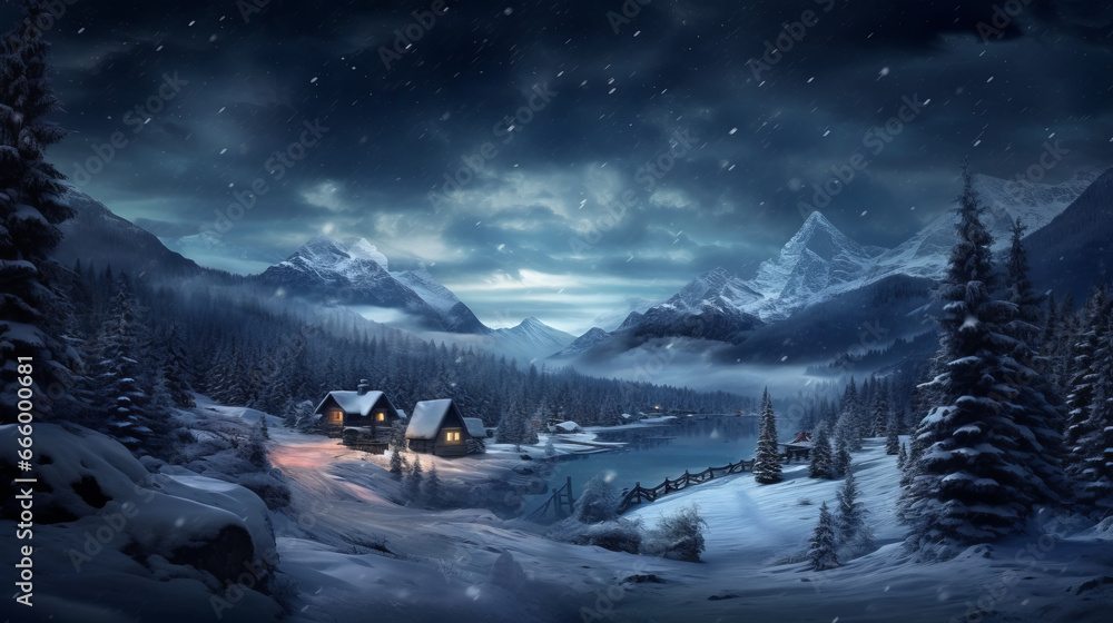 Winter mountain landscape at night with moon Winter mountain landscape at night with moon