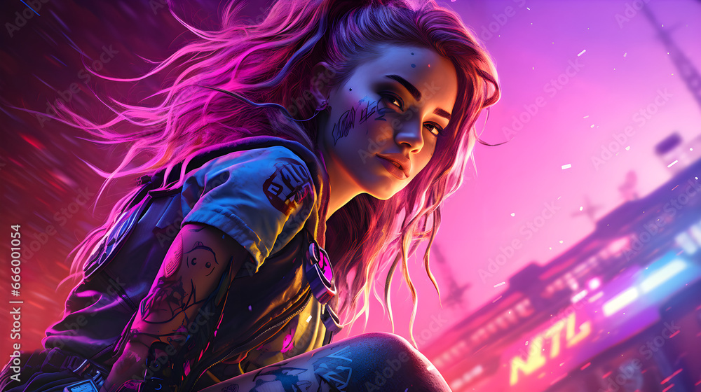 Cute young Skater Girl with Tatoos - Cyberpunk Cute young Skater Girl with Tatoos - Cyberpunk