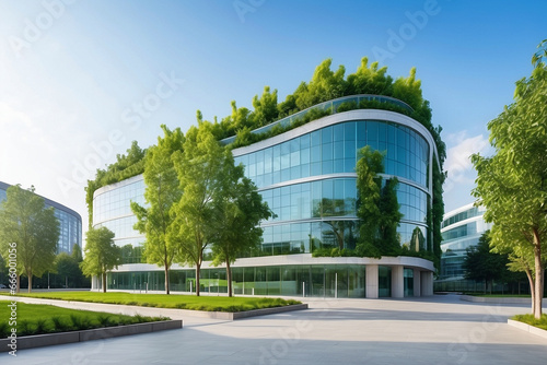 Eco-friendly building in the modern city. Sustainable glass office building with tree for reducing carbon dioxide. Office building with green environment. Corporate building reduce CO2 ai generative