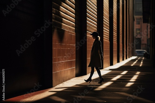 Woman walking in shadows in the city  dark light photography