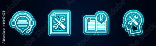 Set line Headphones with speech bubble chat, File document service, Interesting facts and Human head. Glowing neon icon. Vector