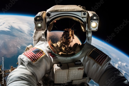 Picture of astronaut spacewalking with Earth background. Portrait of astronaut in deep outer space