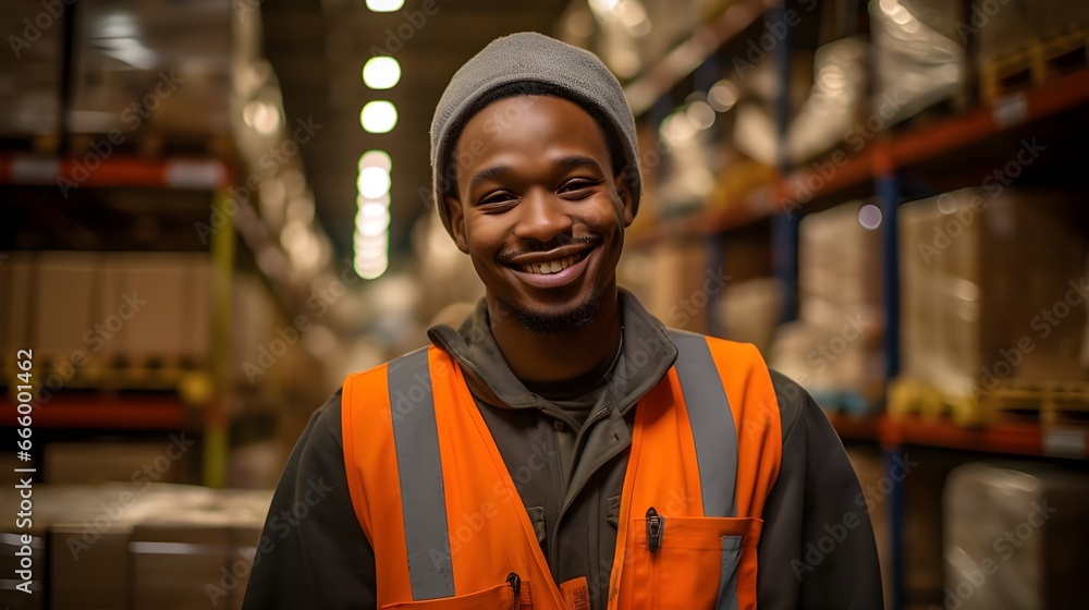 A cheerful black man wearing a gray beanie and orange safety vest smiles brightly amidst a well-lit warehouse filled with stacked goods and shelves.