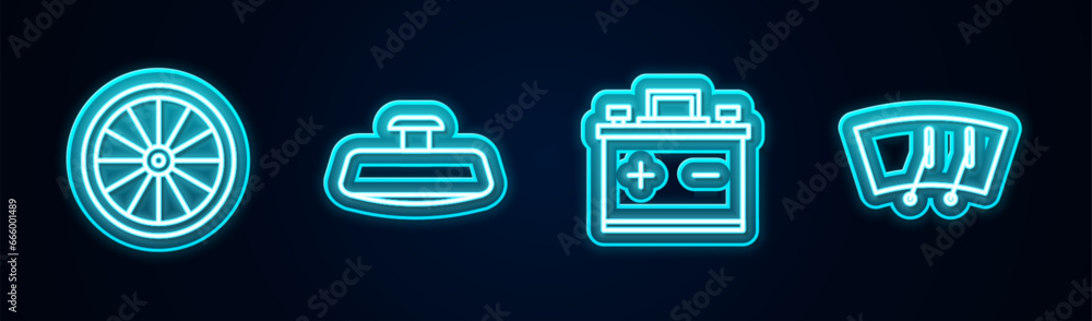 Set line Car wheel, mirror, battery and Windscreen wiper. Glowing neon icon. Vector Set line Car wheel, mirror, battery and Windscreen wiper. Glowing neon icon. Vector