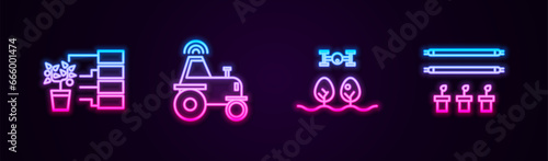 Set line Flower analysis, Wireless tractor on smart farm, Smart with drone and bulb and plant. Glowing neon icon. Vector