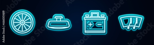 Set line Car wheel, mirror, battery and Windscreen wiper. Glowing neon icon. Vector