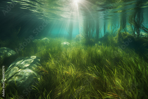 Landscape with lake underwater plants
