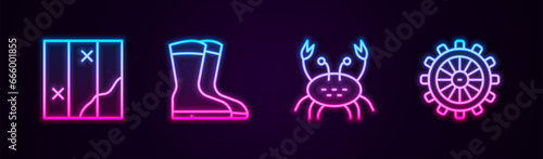Set line Folded map, Fishing boots, Crab and Ship steering wheel. Glowing neon icon. Vector