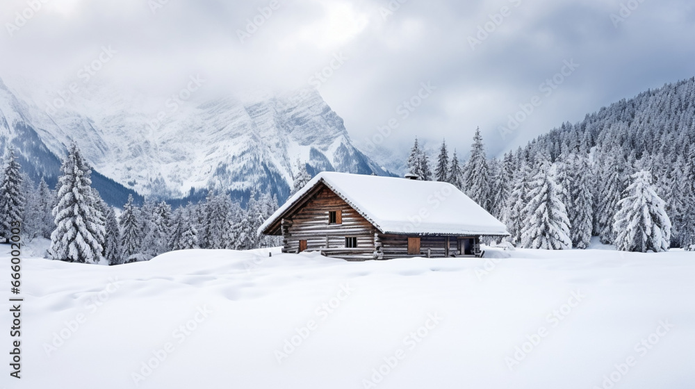 copy space, stockphoto, amazing swiss winter landscape with amazing lot of snow, snow covered pine trees, small typical wooden barn. Beautiful design for a calendar. Winter wonder landscape is Austria