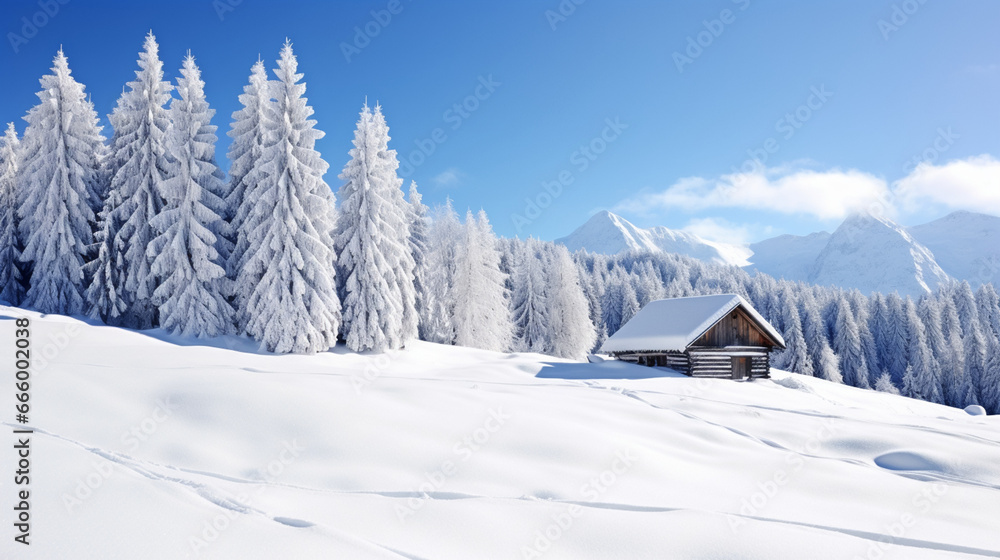Fototapeta premium copy space, stockphoto, amazing swiss winter landscape with amazing lot of snow, snow covered pine trees, small typical wooden barn. Beautiful design for a calendar. Winter wonder landscape is Austria