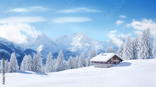 copy space, stockphoto, amazing swiss winter landscape with amazing lot of snow, snow covered pine trees, small typical wooden barn. Beautiful design for a calendar. Winter wonder landscape is Austria © Dirk