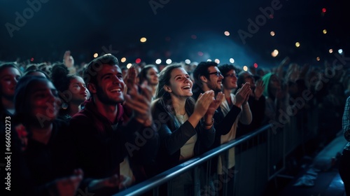 Happy people cheering and dancing in front of the stage during a concert. © vlntn