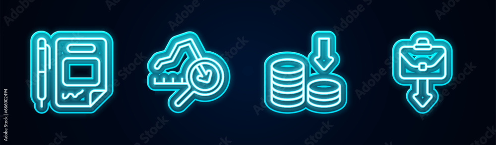 Set line Contract money and pen, Global economic crisis, Dollar rate decrease and Briefcase. Glowing neon icon. Vector Set line Contract money and pen, Global economic crisis, Dollar rate decrease and Briefcase. Glowing neon icon. Vector