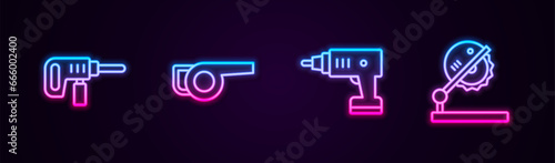 Set line Electric drill machine, Leaf garden blower, cordless screwdriver and Table saw for woodwork. Glowing neon icon. Vector