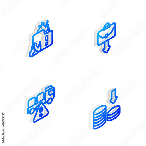 Set Isometric line Briefcase, Fire in burning house, Stop delivery cargo truck and Dollar rate decrease icon. Vector