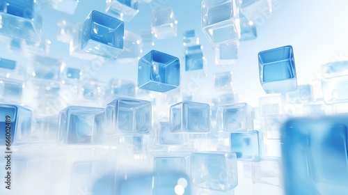 Floating blue and white geometric transparent shapes form transparent eddy. generative AI