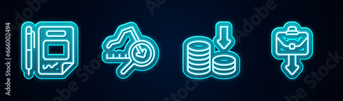 Set line Contract money and pen, Global economic crisis, Dollar rate decrease and Briefcase. Glowing neon icon. Vector