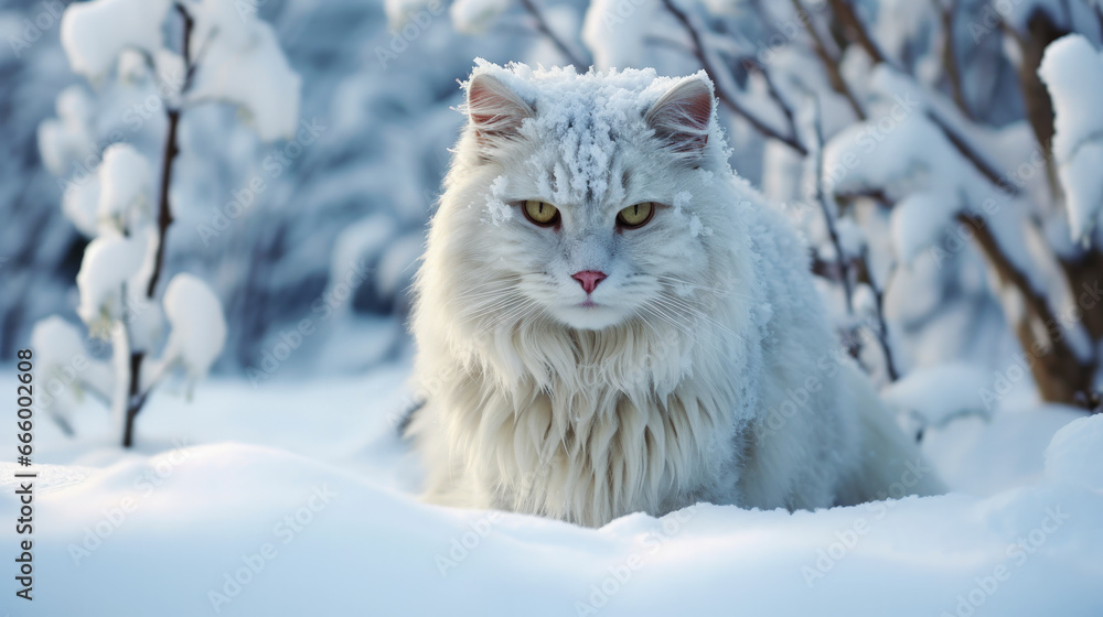 White cat in snow. White cat in snow.