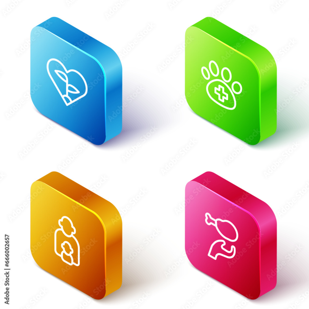 Set Isometric line Leaf in heart, Veterinary clinic, Taking care of children and Donation food icon. Vector Set Isometric line Leaf in heart, Veterinary clinic, Taking care of children and Donation food icon. Vector