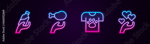 Set line Donation water, food, Animal volunteer and Heart in hand. Glowing neon icon. Vector