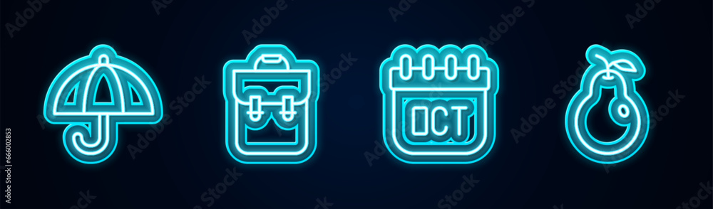 Set line Umbrella, School backpack, October calendar autumn and Pear. Glowing neon icon. Vector Set line Umbrella, School backpack, October calendar autumn and Pear. Glowing neon icon. Vector
