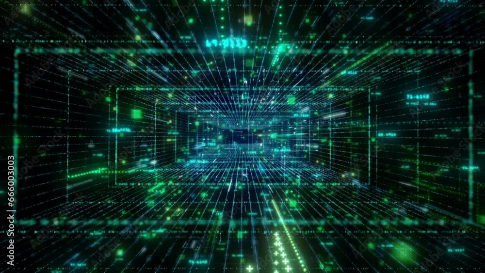 Flying through a digital tunnel with binary symbols and numbers. Flying through a digital tunnel with binary symbols and numbers.