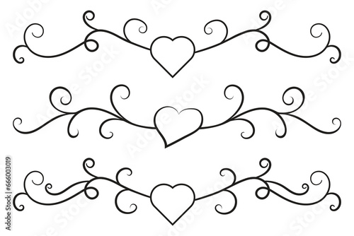 Filigree curly Calligraphic Heart, Fancy Line Flourishes Swirls hearts, curve romantic love separator, Valentines Day divider flourish Swirl, Calligraphy Flourish lettering header hearts scroll 