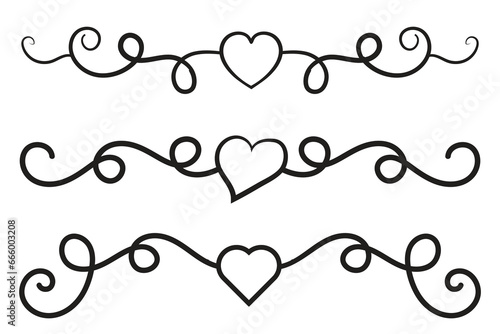 Filigree curly Calligraphic Heart, Fancy Line Flourishes Swirls hearts, curve romantic love separator, Valentines Day divider flourish Swirl, Calligraphy Flourish lettering header hearts scroll 