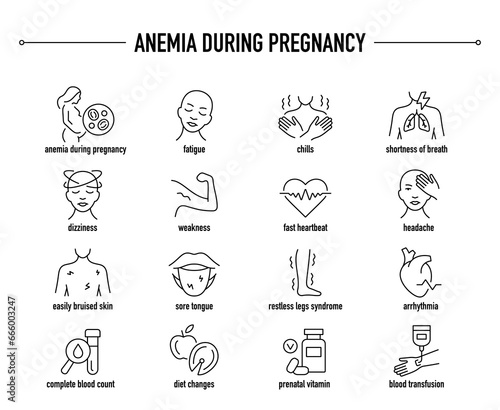 Anemia During Pregnancy symptoms, diagnostic and treatment vector icons. Line editable medical icons.