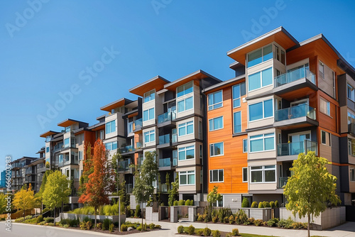 New Modern Apartment Buildings in Vancouver BC. Canadian modern residential architecture on sunny summer day ai generative