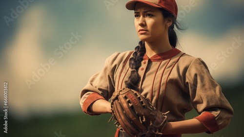 young woman playing baseball wearing cap and catcher glove, vintage photo 1940, 1950