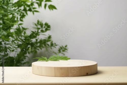 Wood podium on table top tree branch green leaf white space background,promotion beauty cosmetic and healthy natural product placement pedestal platform showcase display,spring or summer advertising