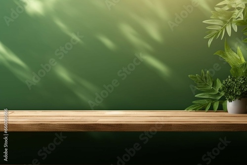 Wood table green wall background with sunlight window create leaf shadow on wall with blur indoor green plant foreground panoramic banner mockup for display of product eco friendly interior concept