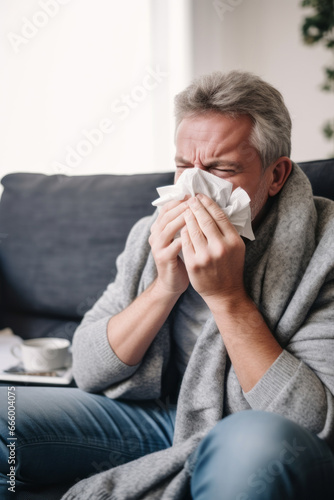 Man sitting on a sofa in his pajamas having a flu sneezing in a paper tissue 
