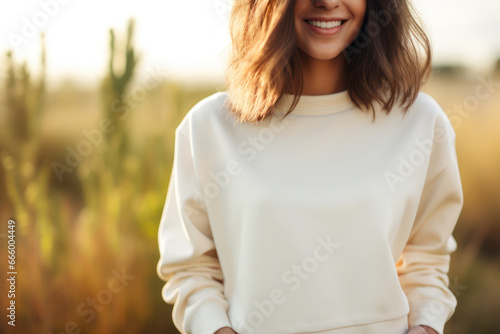 Young blond woman wearing blank white, cream or beige sweatshirt stands in front of camera. Fashion mockup with copy space. Sweatshirt template. Generative AI