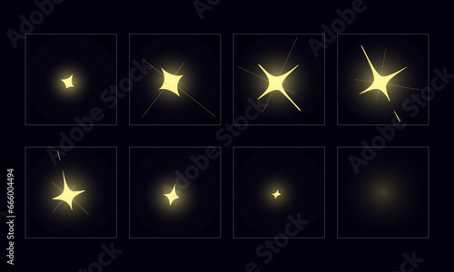 Shine light FX animation frame. Shine effect sprite sheet for video games, cartoon, advertising video and motion design. Hand drawn vector animation.