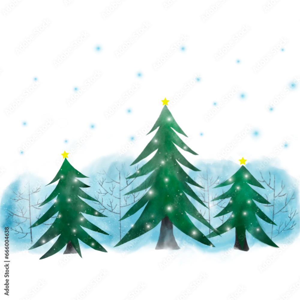 クリスマスツリーのイラスト、キラキラ輝く雪のクリスマスツリーのイラスト