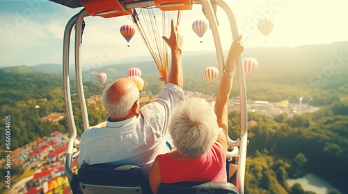 A couple of elderly friends enjoy the view from the top of a Ferris wheel