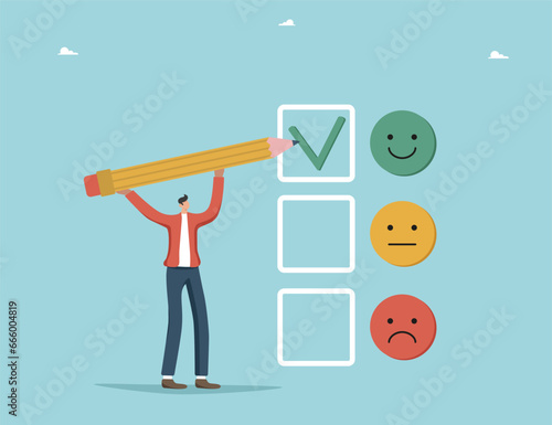 User experience, positive feedback about the quality of a product or service, high customer ratings, positive emotions, survey and voting, digital marketing, a man notes satisfaction with a pencil.