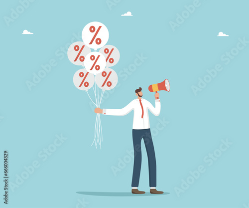 Leadership in increasing investment portfolio, income or savings, mentoring in creating safe deposit boxes, receiving interest payments, man speaks with megaphone and holds balloons with interest.