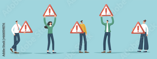Vector illustration with people holding road danger sign. Methods and possibilities for solving difficult situation or problem, technical support, analysis and prevention of unforeseen circumstances.