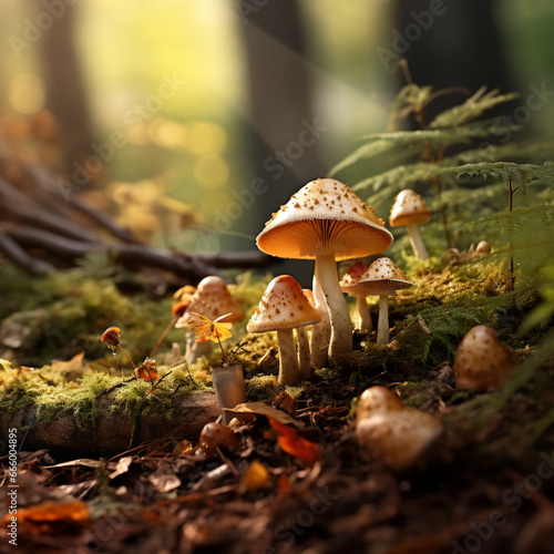 Amidst the forest's undergrowth, a solitary mushrooms  stem stands nestled among fallen leaves, adding a touch of whimsy to the woodland scenery