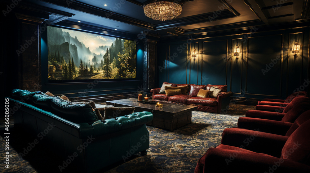 A cinema-inspired men's club with a private screening room, where members watch and discuss classic and contemporary films together A cinema-inspired men's club with a private screening room, where members watch and discuss classic and contemporary films together
