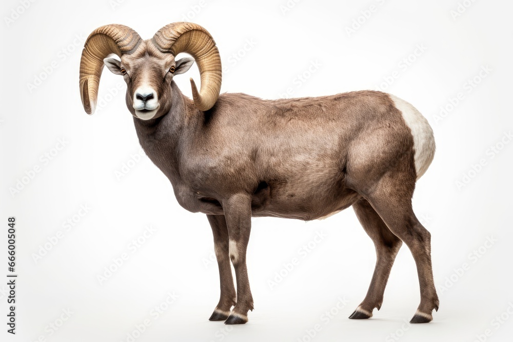 A majestic Bighorn Sheep with impressive horns against a clean, minimalist backdrop created with Generative AI technology A majestic Bighorn Sheep with impressive horns against a clean, minimalist backdrop created with Generative AI technology