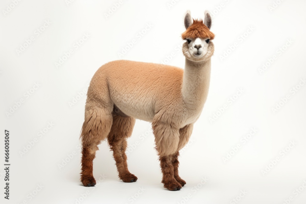 A fluffy alpaca posing elegantly against a clean white backdrop created with Generative AI technology A fluffy alpaca posing elegantly against a clean white backdrop created with Generative AI technology