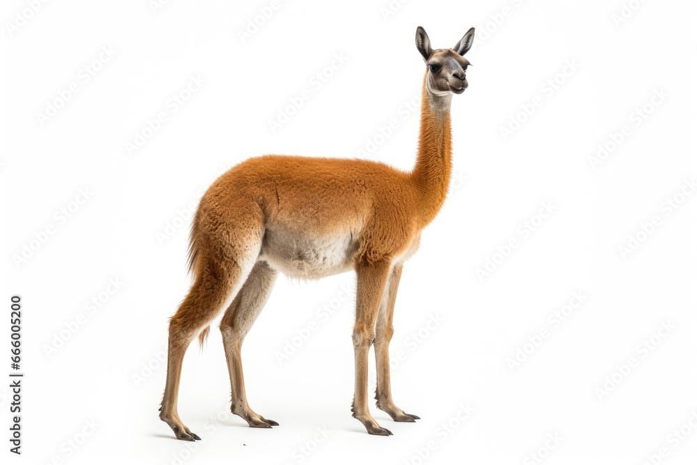 A majestic brown and white Guanaco posing against a pristine white backdrop created with Generative AI technology A majestic brown and white Guanaco posing against a pristine white backdrop created with Generative AI technology