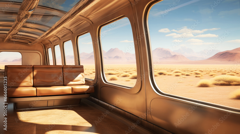Fototapeta premium Train Futuristic Interior with Landscape outside the Window.